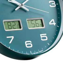 TIMESS Wall Clock, 14" Large Dial Non-Ticking Silent Battery Operated Analog with Dual LCD Display for Instant F° Temperature and Humidity, Ideal Modern Home, Bedroom, Office Decor (Green)