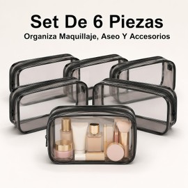 Cosmetiqueras Transparentes 6 Piezas, Bolsas de Maquillaje de Viaje PVC Impermeables con Cremallera, Estuches Organizadores para Cosméticos y Artículos Personales, Negro, 18 x 12 x 6 cm