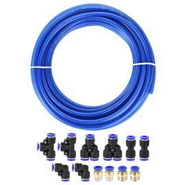 sourcing map Pneumatic 6mm OD Polyurethane PU Air Hose Tubing Kit 10 Meters Blue with 12 Pcs Push to Connect Fittings