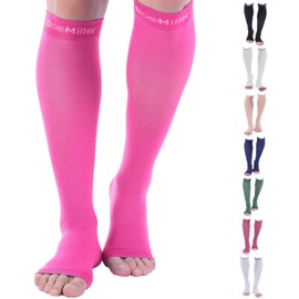 Doc Miller Open Toe Compression Socks, 20-30 mmHg, Toeless, Support Circulation, Shin Splints, Calf Recovery, Post Op, Knee High, Medical Grade, Pink Socks, Large Size for Men & Women, Pair