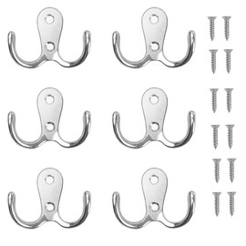 HUIQIHANG 6Pcs Double Prong Robe Hooks, Zinc Alloy Double Wall Hooks, Dual Coat Hooks, Metal Retro Cloth Hanger Silver for Bedroom Bathroom Kitchen