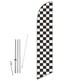 Checkered (Black/White) Feather Flag with Complete 15ft Pole kit and Ground Spike