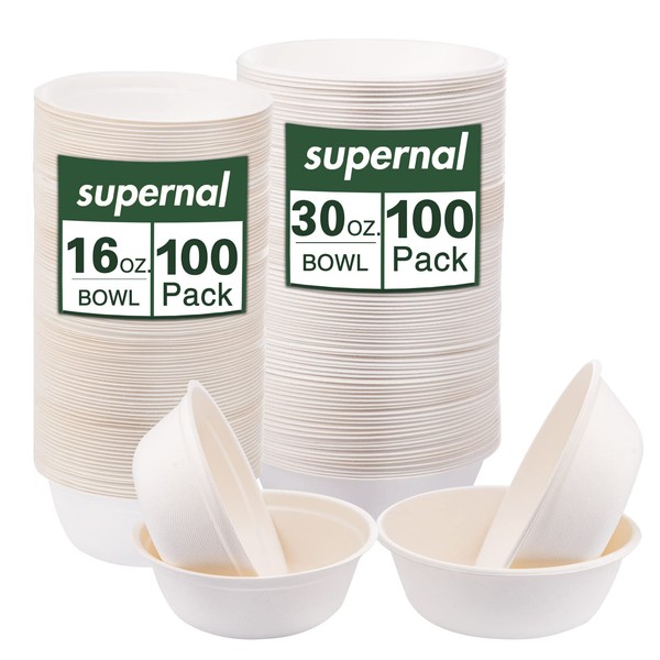 supernal 200pcs Disposable Soup Bowls, Paper Bowls Disposable, Eco-Friendly Bagasse Soup Bowls, Biodegradable Paper Bowls,100% Compostable Bowls Include 16oz[100pcs]&30oz[100pcs] Heavy-Duty