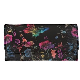 Jolamirel Neon Color Butterfly Floral PU Leather Wallet for Women, Colorful Butterfly Flowers Leather Large Capacity Card Holder, Black Phone Clutch Travel Long Purse