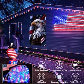 QITONG Red White and Blue Solar Rope Lights, 2Pack Each 33ft 100 LED Patriotic Lights, 8 Modes Clear Tube Light for Outside 4th of July Decorations, Independence Day Memorial Day Décor