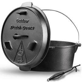 Camping Dutch Oven, 9 Qt Pre-Seasoned Camping Cookware Pot with Lid - Lid Lifter, Cast Iron Dutch Oven with Metal Handle for Cooking BBQ Baking Campfire Modern Black