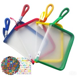 ZVRSUA Pack of 4 A5 Document Folders, Document Bag Zip with 4 Colourful Portable Ropes, 2 Sets of Stickers, with Zip, A5 Zip Folders, PVC Ziplock Bag, Mesh Documententa