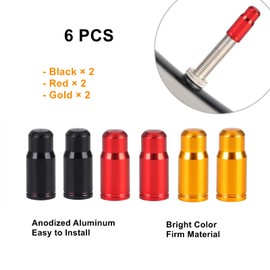 T TAKONE Bicycle Valve Caps, Pack of 6 Ultralight Aluminium Presta Valve Caps, Valve Caps Bicycle French for Bicycle, Mountain Bike, Road Bike (Presta Valve Caps (Gold, Red, Black))