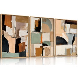 LHIUEM Large Neutral Colorful Pastel Framed Canvas Wall Art Set,Abstract Brush Stroke Wall Decor,Minimalist Shapes Textured Artwork for Living Room,Bedroom,Dining Room,Office -24"x36"x3