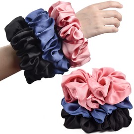 CEELGON Big Real Silk Scrunchies for Women Large Scrunchie Satin Oversized Silk Thick Elastic Hair Ties Jumbo Hair Scrunchies 3 Pack (black,pink,blue)