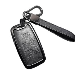 Happyit Zinc Alloy Leather Car Key Cover Cases for Land Rover Discovery 4 Freelander LR4 Range Sport Evoque Jaguar XJ XJL XF 5 Buttons (Black+Grey)