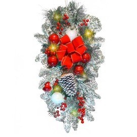 Christmas Stair Swags-Cordless Prelit Teardrop Swags with Lights 28.3",Artificial Staircase Wreaths Hanging Decoration Battery Operated Lights with White Ball Ornament for Fireplace Wall Xmas Decor