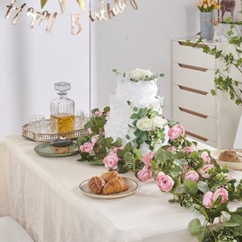 PONKING Flower Garland, Artificial Rose Vine Flowers with Green Leaves, Hanging Fake Roses Vine for Room Anniversary Wedding Birthday Christmas Wall Arch Decor, 2 Vines Pink Floral Garland