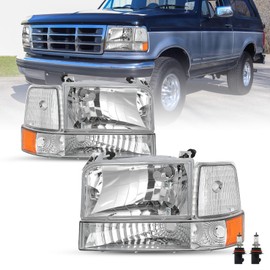 JSBOYAT 6pcs Headlight Assembly Replacement with Bumper Corner Headlamp Set for 1992 to 1996 Ford F150 Bronco 1992 to 1997 F250 F350 Super Duty Bulbs Included (Chrome Housing with Amber Reflector)