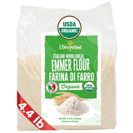 L'Oro Del Sud, Organic Emmer (Farro), 4.4 lb (2 kg), All Porpose, Farina di Farro, rich in fiber, 7g protein, and essential minerals, Ancient Grains, Product of Italy