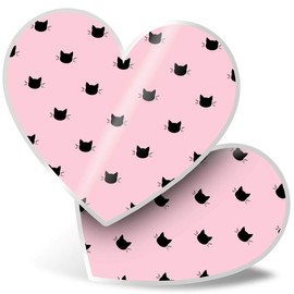 2 x Heart Stickers 7.5 cm - Baby Pink Black Cat Kitten Heads Fun Decals for Laptops,Tablets,Luggage,Scrap Booking,Fridges, #44201
