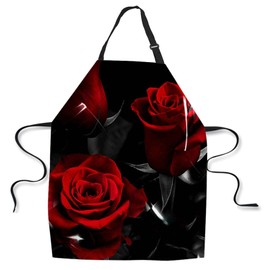 afidomu Kitchen Cooking Apron Red Rose Flower Floral Black Apron Home Baking Chef Apron Waterproof For Women Men 31X27 Inches