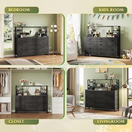 WLIVE 55" W Dresser for Bedroom with 15 Fabric Drawers & 5 Storage Shelves, Tall Black Dresser with Charging Station, Makeup Vanity Desk, Dressing Table, Chest of Drawers for Closet, Living Room