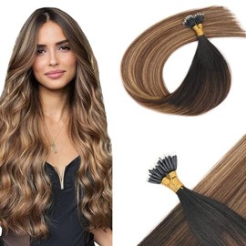 KOCONI 18 Inch Nano Ring Hair Extensions Real Human Hair Nano Beads Remy Human Hair Extensions Natural Black Balayage to Dark Brown Mix Caramel Blonde Human Hair Extensions 1g/S 50g 1B/4/27