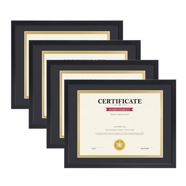 Giftgarden 11x14 Picture Frame Matted for 8.5x11 Certificate Award Degree Document, 4Pack 8.5 x 11 Frames with Mat, Wall Tabletop Display (Black&Gold Double Mats)