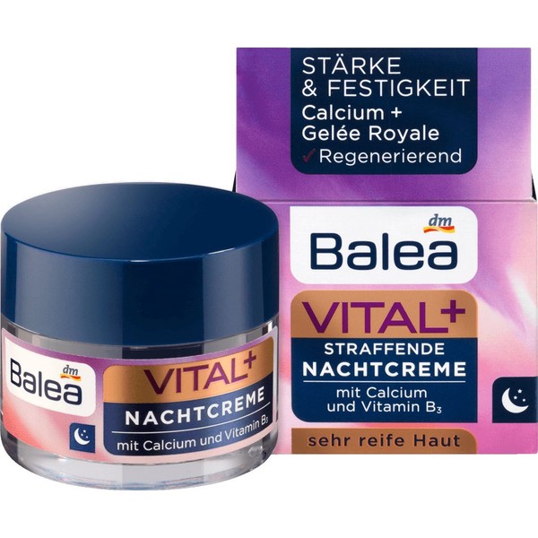 Balea Vital+ Rich Oil-Cream for Face - For Very Mature (Ages 50+ to 70+) and Very Dry Skin- with Camellia Oil, Shea Butter, Calcium & Soy Proteins - No Ethanol Alcohol / Not Tested on Animals / Vegan - 50ml