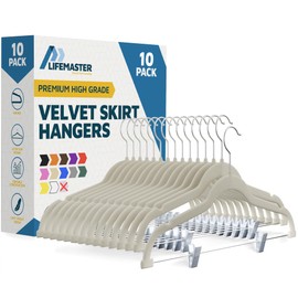 Lifemaster Velvet Skirt Hangers – with Adjustable Clips, 360 Degree Swivel Hook, and Non-Slip Shoulder Notch, Holds Up to 10 lbs, for Organizing Skirt, Pants, Dress, and Clothes, Pack of 10, Ivory