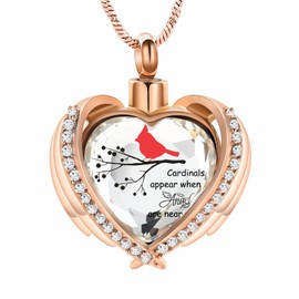 Yinplsmemory Red Cardinal Urn Ashes Necklace for Women Men Angel Wing Crystal Heart Urn Locket for Ashes Keepsake Memorial Cremation Jewelry, Stainless Steel, stainless steel
