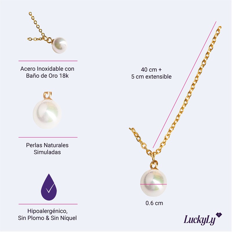 LuckyLy Collar de Mujer con Perla, Cadena de Acero Inoxidable