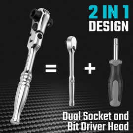 DURATECH 1/4" Drive Ratchet Handle, 2 in 1 Flex Head Ratchet, Socket&Bit Driver, 72-Tooth, Reversible Switch, Full-Polished Chrome Plating, Alloy Steel