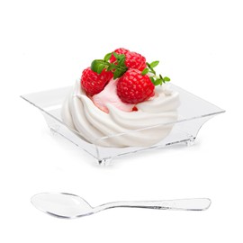 TOFLEN 100ct Mini Dessert Plates for Appetizers with Tasting Spoons, 2.5" Reusable Crystal Clear Plastic Square Party Serving Hors D'oeuvres Plates (Square)