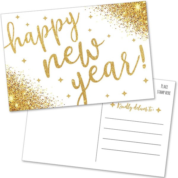 50 Happy New Year Postcards - Faux Gold Confetti Post Cards Set for New Year’s Day 2023 - Bulk Blank Holiday Greeting and Thank You Notes for Family, Business, Clients, New Years Eve Party Invitations and More