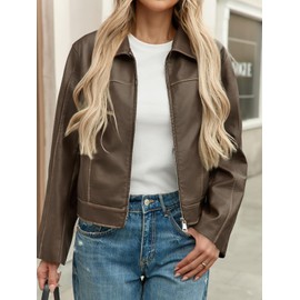 Yousify Womens Faux Leather Jacket Casual Zip Up Motorcycle Long Sleeve Collared Fall Cropped Coats with Pockets
