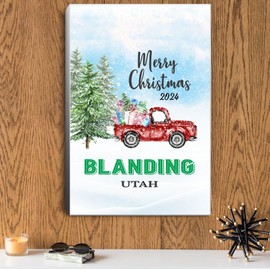 Christmas Red Truck Canvas Wall Art 2020 - Canvas Gift for Family with Name City Blanding Utah State - Modern Canvas Prints Framed Picture Artwork Home Decorations 16"x24"