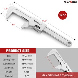 MAXPOWER 14 1/2" Automotive Wrench, Adjustable Wrench Wide Jaw Opening 3.5", Adjustable Auto Wrench for Automobiles Construction, Machine Maintenance and Home Repairs
