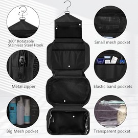 Hanging Toilet Bag Travel Kit for Men Women Upgrade Large Capacity Wash Bag Makeup Bag with 4 Compartments Foldable Compact Size (Black)