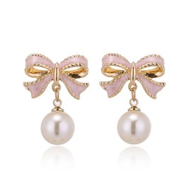 Auony Bow Pearl Earrings for Women Girls, Bow Earrings Pearl Drop Dangle Earrings Bowknot Stud for Wedding Party Daily Valentines Day Jewelry Accessory (Pink)