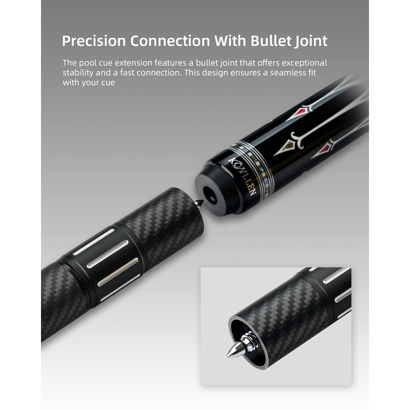 KONLLEN Threaded Carbon Fiber Pool Cue Extension with 3 Bumpers