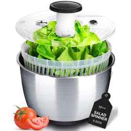 lily&stone Large Stainless Steel Pump Salad Spinner with Drain, Bowl, and Colander - Quick and Easy Multi-Use Lettuce Spinner, Vegetable Dryer, Fruit Washer, Pasta and Fries Spinner - 6.33 Qt
