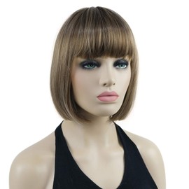 Lydell 8" Straight Short Bob Hair Flat Bangs Cute Central Dot Skin Top Heat Resistant Synthetic Wigs (12TT26 Brown Highlights)