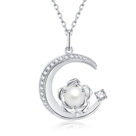 925 Sterling Silver June Birthstone Pearl Necklace Rose & Moon Pendant Birthday Anniversary Jewelry Gifts for Women Mother, Adjustable Chain