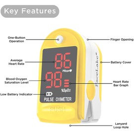 FaceLake Pulse Oximeter Blood Oxygen Saturation Monitor, Neck/Wrist Cord, Carrying Case and Batteries Included, Yellow