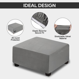 NeColorLife Square Ottoman Cover Velvet Ottoman Slipcover Thick Stretchable Footrest Stool Covers with Elastic Band for Oversized Ottoman (XX-Large Size,Grey)