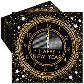 FYSUIMU 80Pcs Happy New Year Paper Napkin Ring in the New Year Disposable Dinner Napkin Black Gold Luncheon Napkin for Christmas Party Supplies Table Decor