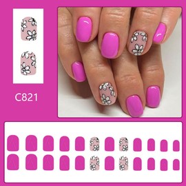 Lilac Press on Nails Short Square Fake Nails with White Flower Design Purple Floral Glue on Nails Glossy Spring Nails Reusable Summer False Nails for Women Girls Daily Wear Manicure 24pcs
