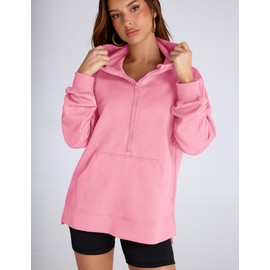 LOMON Womens Oversized Half Zip Hoodies Long Sleeve Textured Casual Sweatshirts Loose Fall Pullover Tops with Pockets Pink Medium