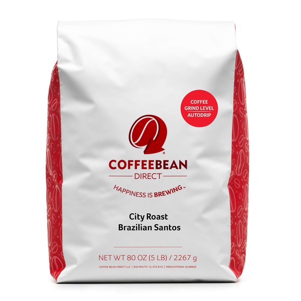 Coffee Bean Direct City Roast Brazilian Santos, Ground Coffee, 5-Pound Bag