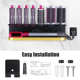 Wall Mount Holder Compatible with Dyson Airwrap Styler, Black gold Storage Rack Organizer for Hair Curling Iron & Attachments, Space-Saving Bathroom Bracket Stand, No-Drill Installation