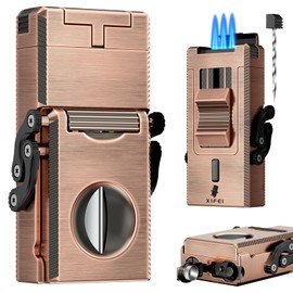 XIFEI 5-in-1 Cigar Lighter with Triple Jet Flame, Refillable Butane Torch Lighter with Foldable V Cut Cutter Cigar Punch Cigar Stand Cigar Draw Enhancer, Windproof Lighters with Gift Box (Bronze)