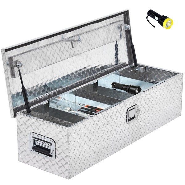 48 Inch Heavy Duty Aluminum Diamond Plate Tool Box with Sliding Shelf, Waterproof Truck Storage Organizer Chest for Pick Up Truck Bed, Toolbox Storage with Side Handle, Lock and Keys