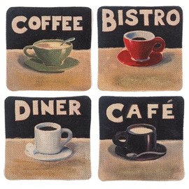 Ganz Decorative Square Coaster for Beverages Drinks 4 x 4 Inch Flax Fibers Caffeination Station Assorted Set of 4